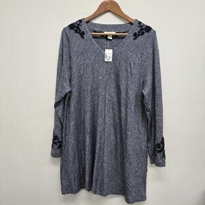 NEW CJ Banks Embroidered V-Neck Tunic Top Blouse Size 1X Marled Blue NWT